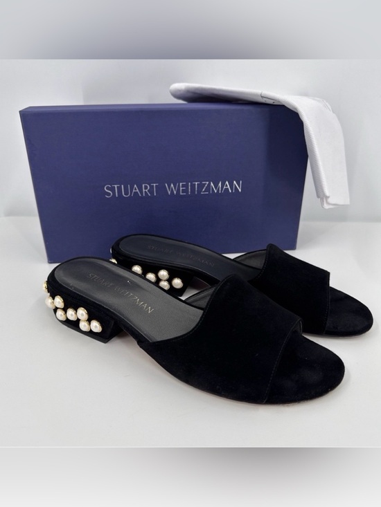 Stuart Weitzman Shoes - Stuart Weitzman Black Suede Pearl-Embellished Mule Slides